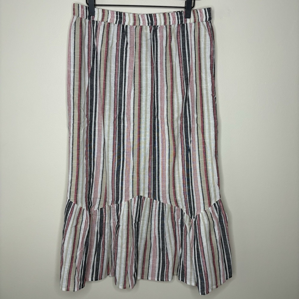 Women's Tiered Maxi Skirt Full Flare Stripe Large Cotton Cottagecore Coastal